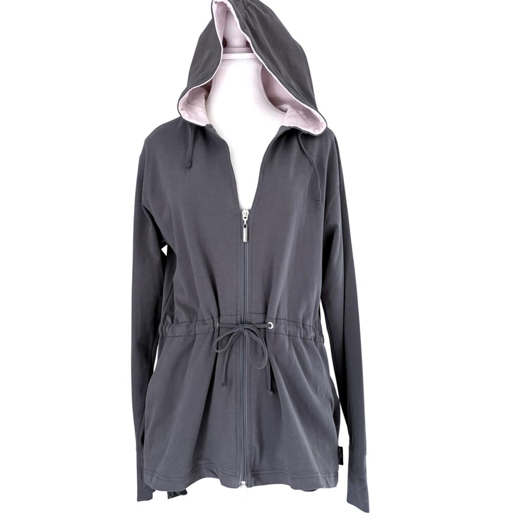 Jasper Conran Large Zip-Up Hoodie Jacket Drawstring Waist Gray Pink Minimalist